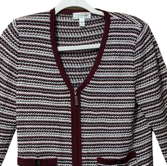 St. John Sport wool blend knit striped v-neck zipper front cardigan Small - Picture 8 of 8